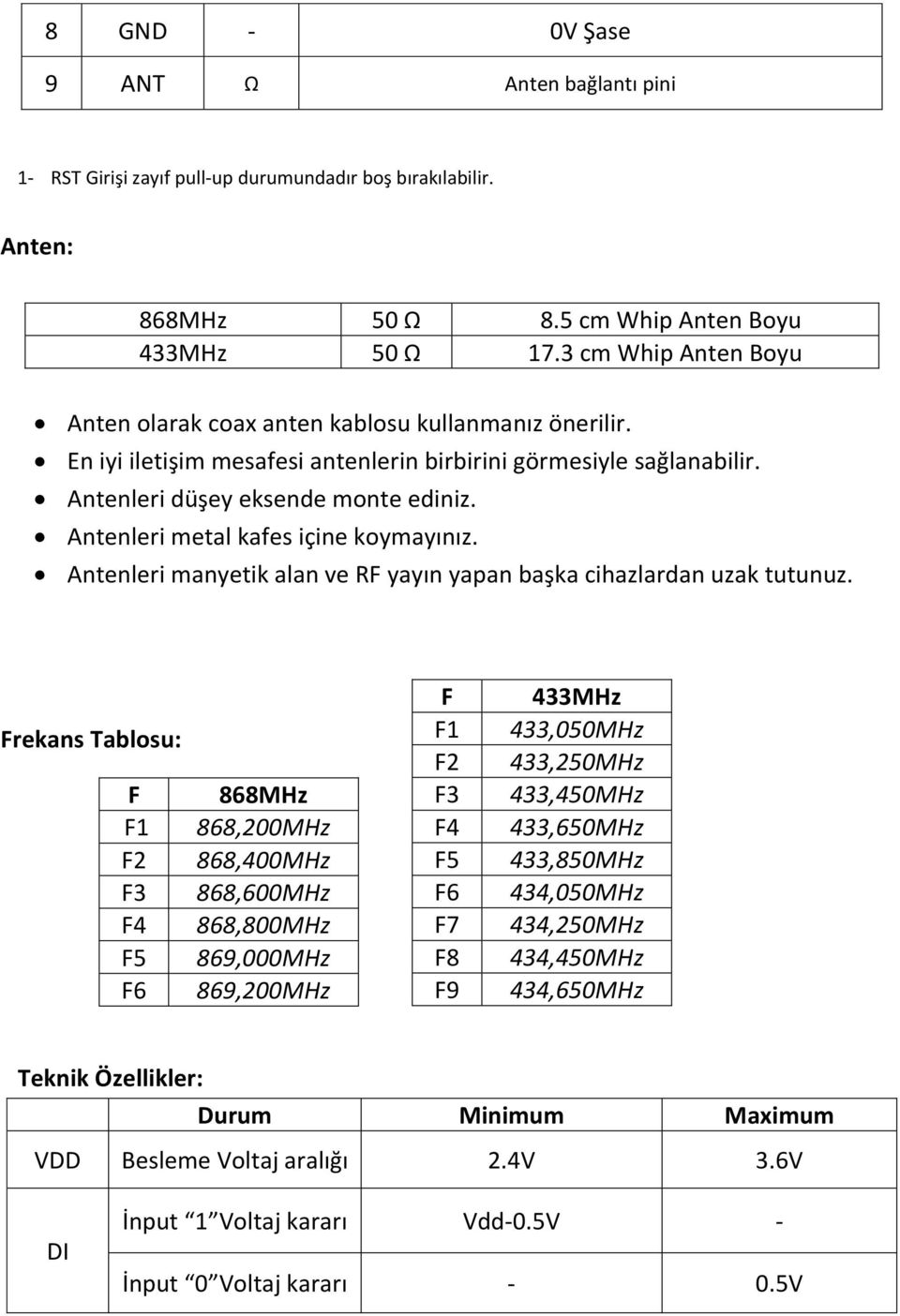 Antenleri etal kafes içine koyayınız. Antenleri anyetik alan ve RF yayın yapan başka cihazlardan uzak tutunuz.