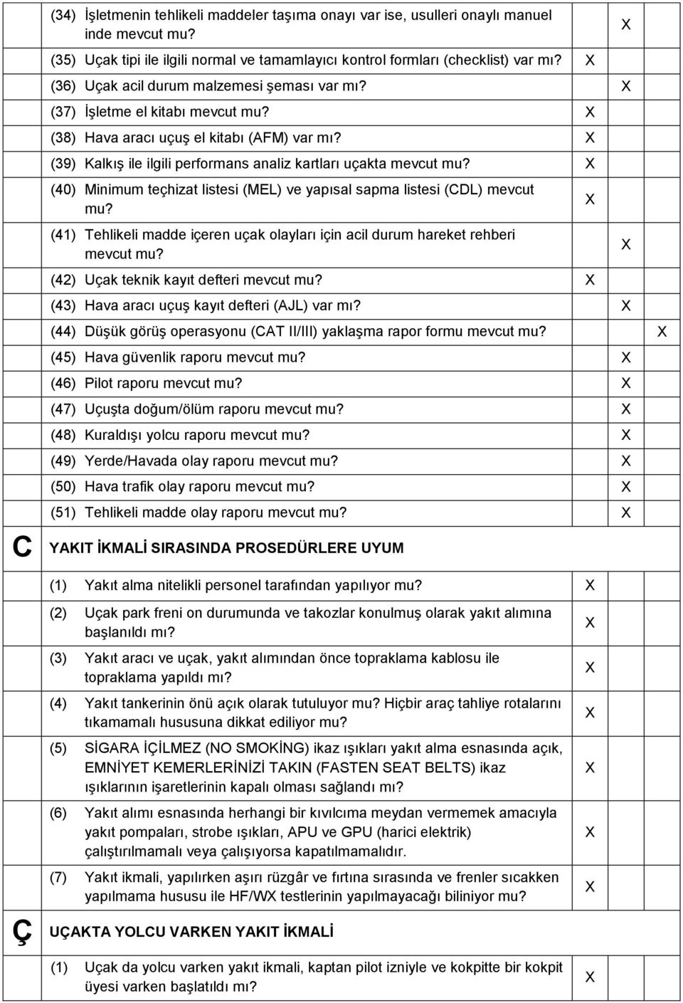 (40) Minimum teçhizat listesi (MEL) ve yapısal sapma listesi (CDL) mevcut mu? (4) Tehlikeli madde içeren uçak olayları için acil durum hareket rehberi mevcut mu?