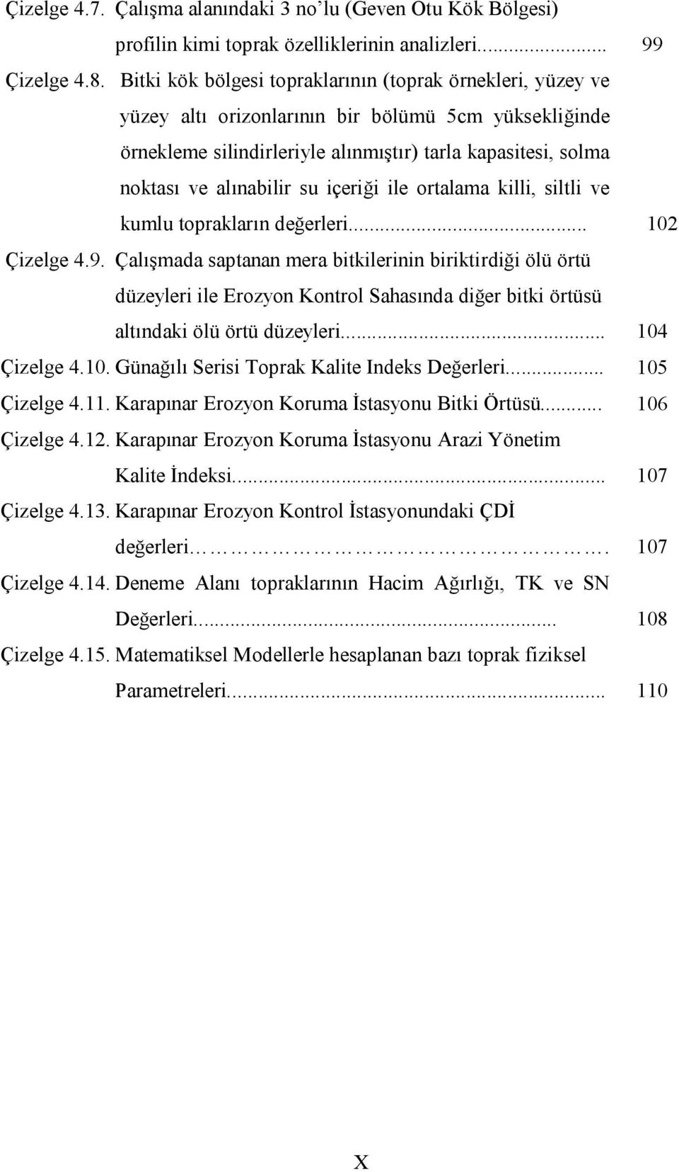 su içeriği ile ortalama killi, siltli ve kumlu toprakların değerleri... 102 Çizelge 4.9.