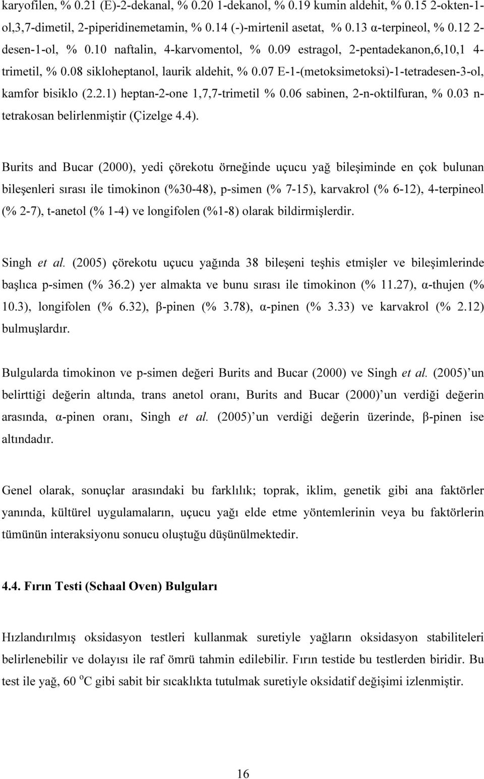 07 E-1-(metoksimetoksi)-1-tetradesen-3-ol, kamfor bisiklo (2.2.1) heptan-2-one 1,7,7-trimetil % 0.06 sabinen, 2-n-oktilfuran, % 0.03 n- tetrakosan belirlenmiştir (Çizelge 4.4).