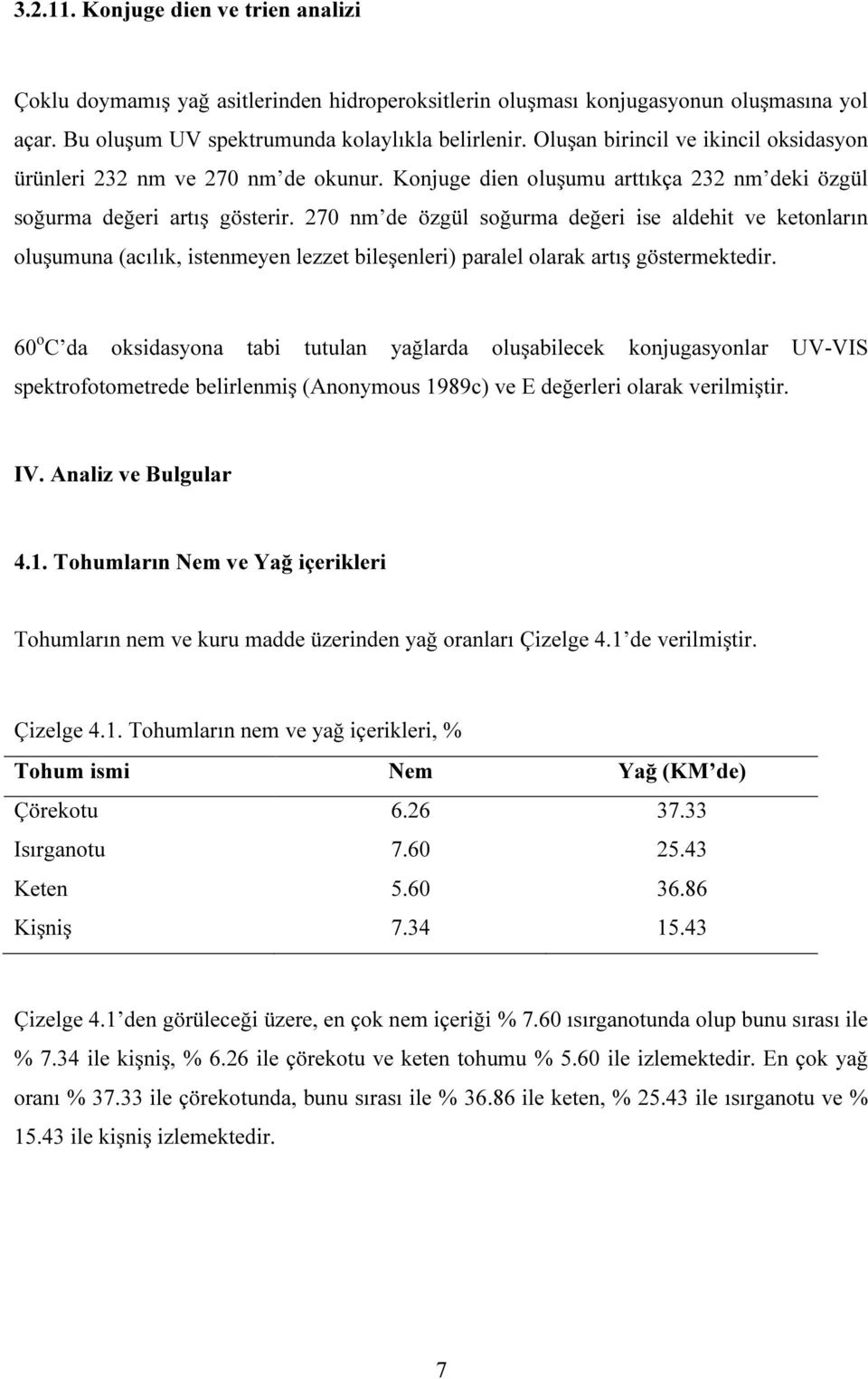 270 nm de özgül soğurma değeri ise aldehit ve ketonların oluşumuna (acılık, istenmeyen lezzet bileşenleri) paralel olarak artış göstermektedir.