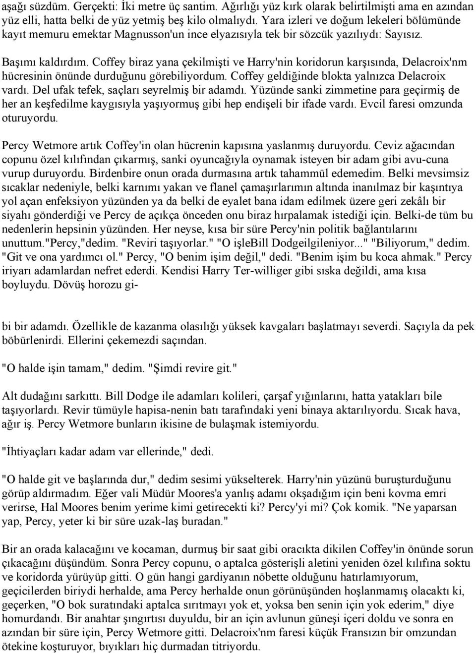 Coffey biraz yana çekilmişti ve Harry'nin koridorun karşısında, Delacroix'nm hücresinin önünde durduğunu görebiliyordum. Coffey geldiğinde blokta yalnızca Delacroix vardı.