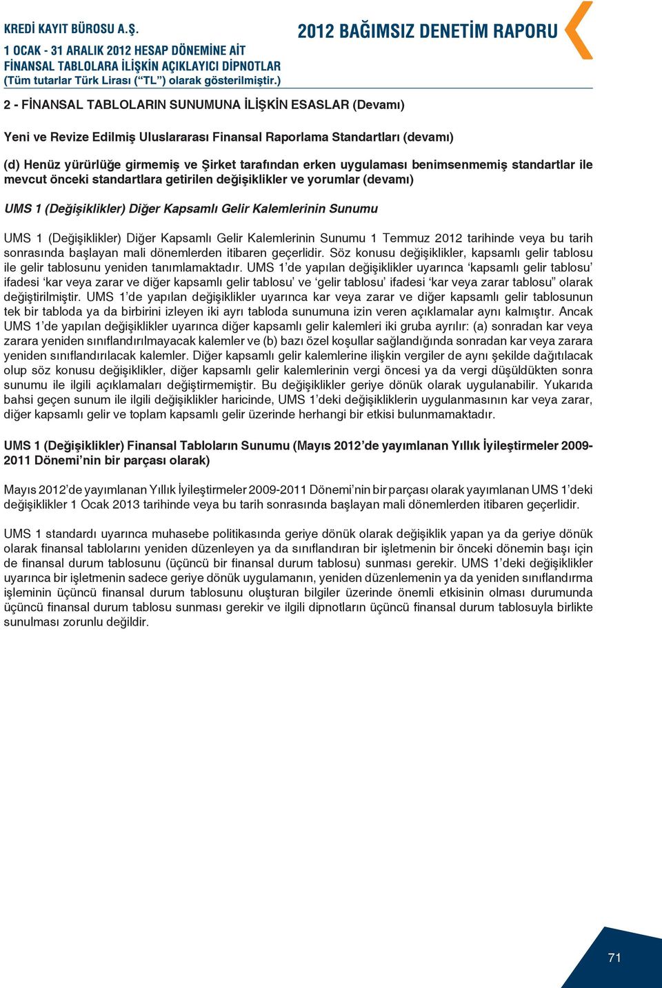 Diğer Kapsamlı Gelir Kalemlerinin Sunumu 1 Temmuz 2012 tarihinde veya bu tarih sonrasında başlayan mali dönemlerden itibaren geçerlidir.