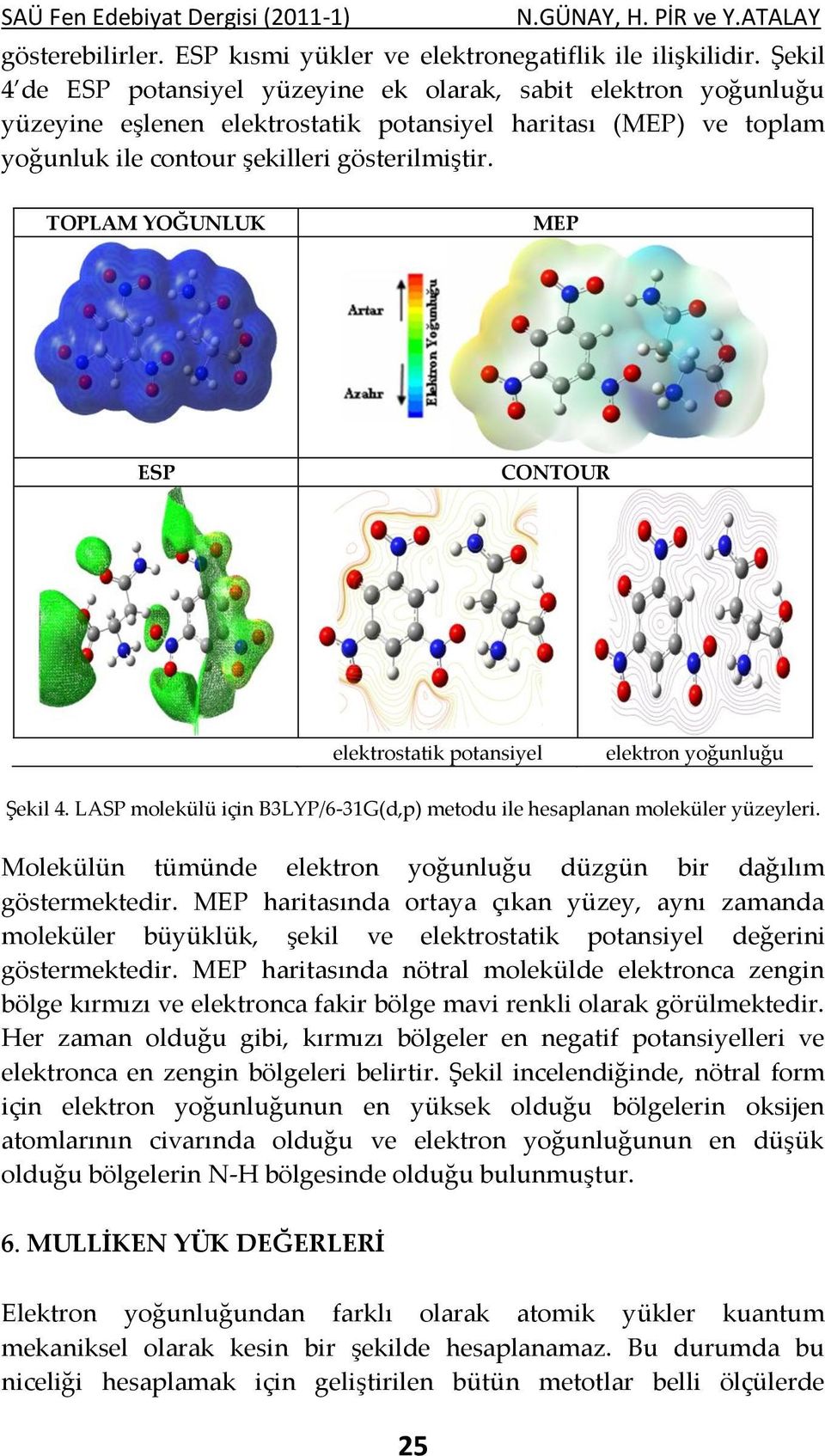 TOPLAM YOĞUNLUK MEP ESP CONTOUR elektrostatik potansiyel elektron yoğunluğu Şekil 4. LASP molekülü için B3LYP/6-31G(d,p) metodu ile hesaplanan moleküler yüzeyleri.