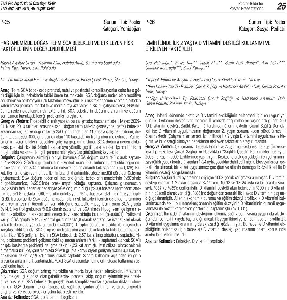 Lütfi K rdar Kartal E itim ve Araflt rma Hastanesi, Birinci Çocuk Klini i, stanbul, Türkiye Amaç: Term SGA bebeklerde prenatal, natal ve postnatal komplikasyonlar daha fazla görüldü ü için bu