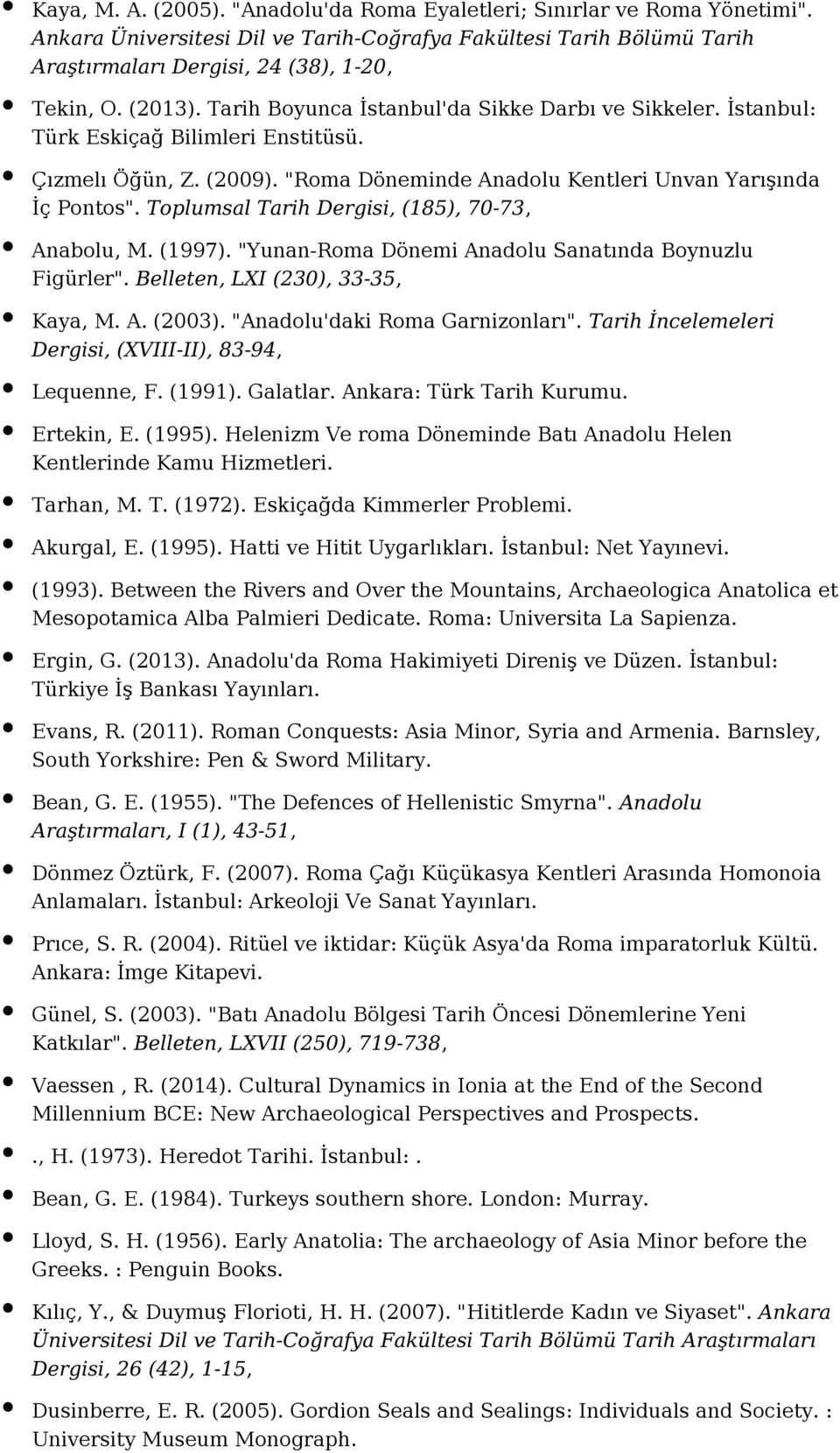 Toplumsal Tarih Dergisi, (185), 70-73, Anabolu, M. (1997). "Yunan-Roma Dönemi Anadolu Sanatında Boynuzlu Figürler". Belleten, LXI (230), 33-35, Kaya, M. A. (2003). "Anadolu'daki Roma Garnizonları".