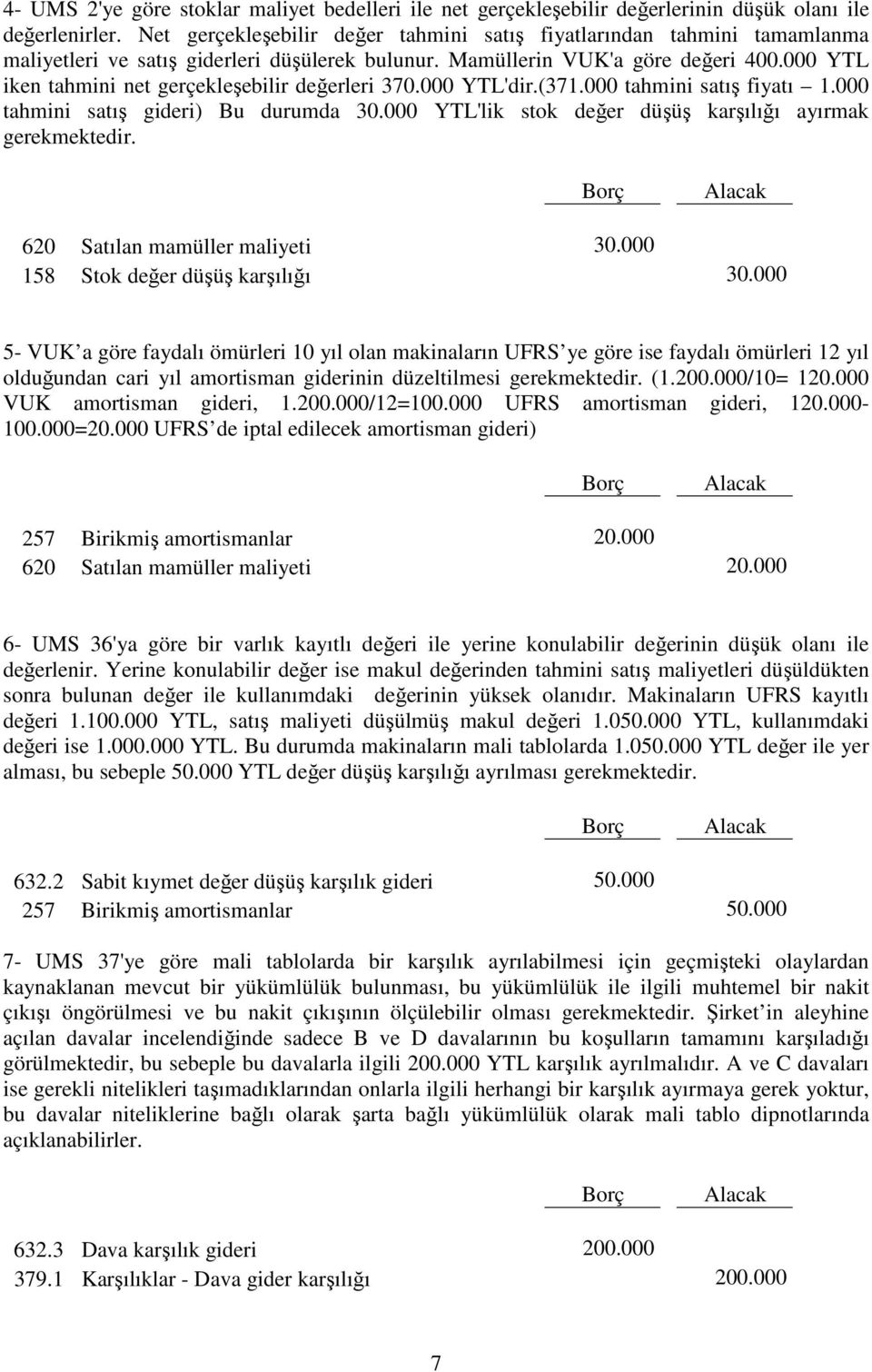 000 YTL iken tahmini net gerçekleşebilir değerleri 370.000 YTL'dir.(371.000 tahmini satış fiyatı 1.000 tahmini satış gideri) Bu durumda 30.000 YTL'lik stok değer düşüş karşılığı ayırmak gerekmektedir.