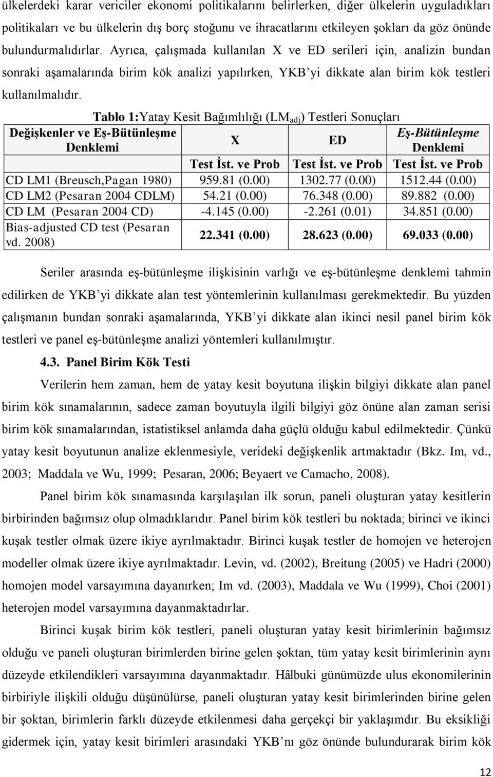 DeğiĢkenler ve EĢ-BütünleĢme Denklemi Tablo 1:Yatay Kesit Bağımlılığı (LM adj ) Testleri Sonuçları X ED Eş-Bütünleşme Denklemi Test Ġst. ve Prob Test Ġst. ve Prob Test Ġst. ve Prob CD LM1 (Breusch,Pagan 1980) 959.