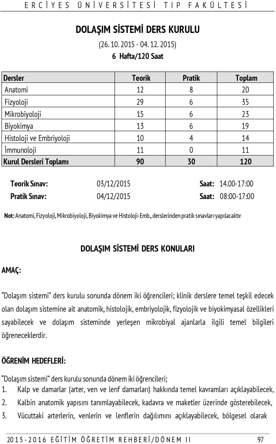 Toplamı 90 30 120 Teorik Sınav: 03/12/2015 Saat: 14.00-17:00 Pratik Sınav: 04/12/2015 Saat: 08:00-17:00 Not: Anatomi, Fizyoloji, Mikrobiyoloji, Biyokimya ve Histoloji-Emb.