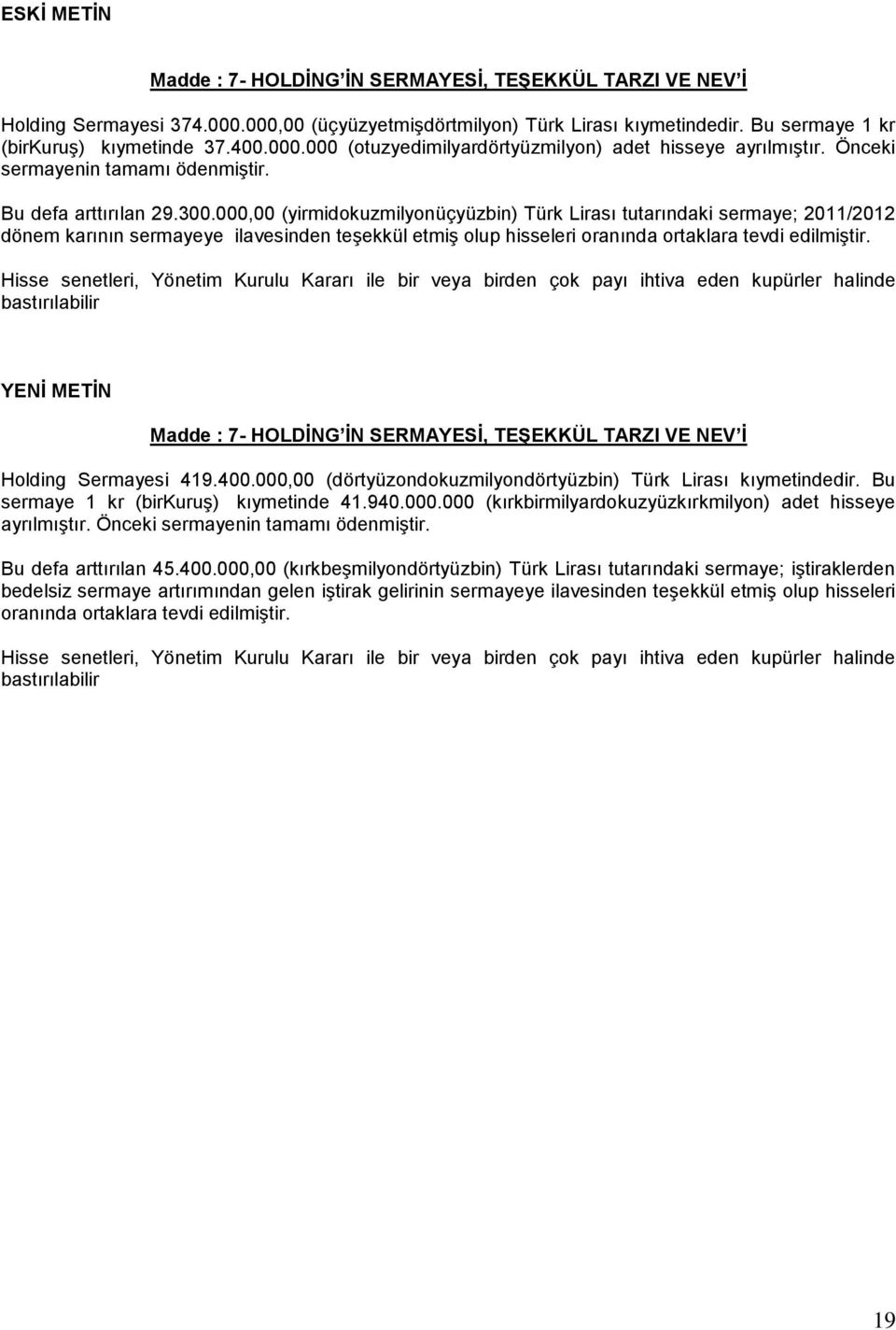 000,00 (yirmidokuzmilyonüçyüzbin) Türk Lirası tutarındaki sermaye; 2011/2012 dönem karının sermayeye ilavesinden teşekkül etmiş olup hisseleri oranında ortaklara tevdi edilmiştir.