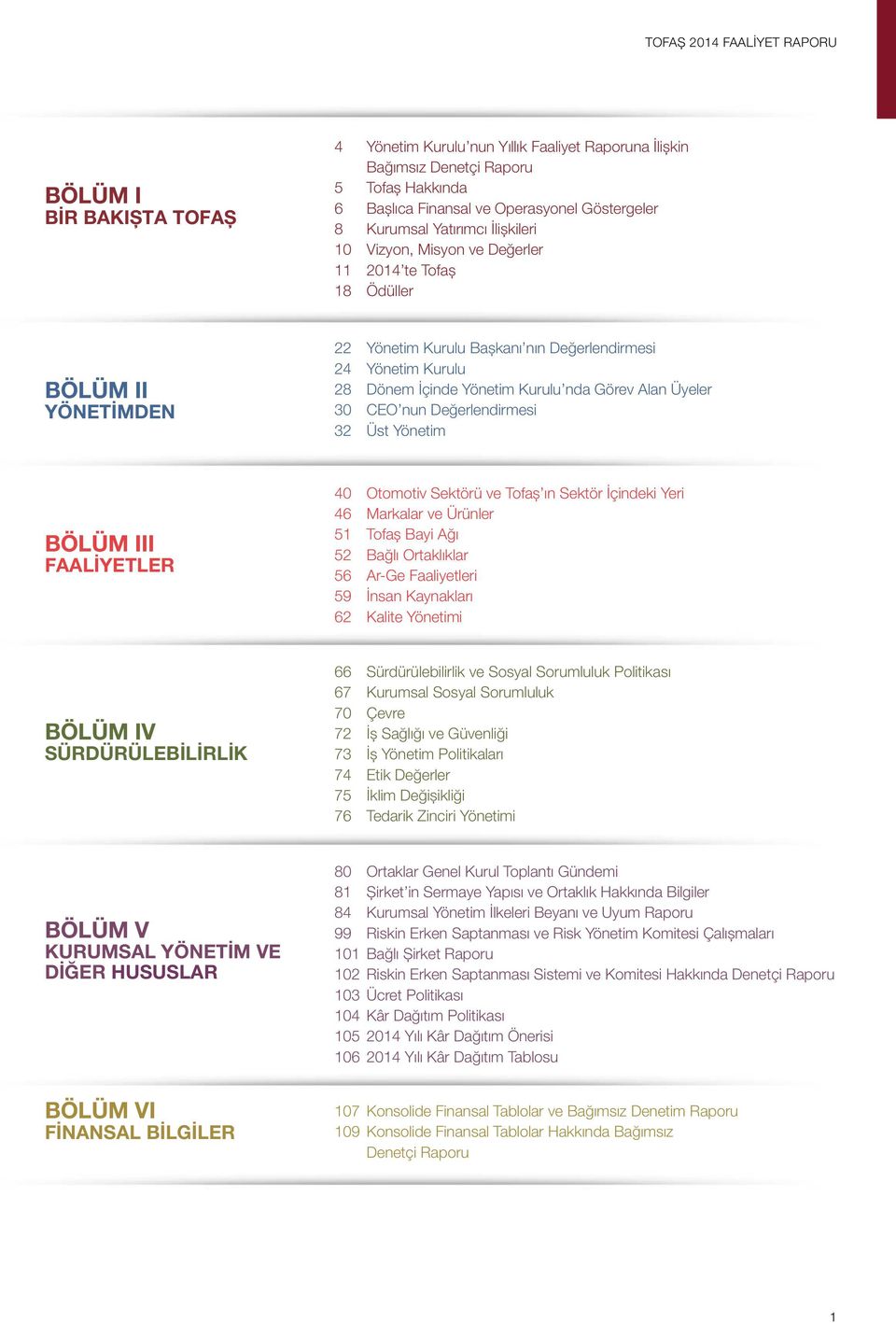 Kurulu nda Görev Alan Üyeler 30 CEO nun Değerlendirmesi 32 Üst Yönetim BÖLÜM III FAALIYETLER 40 Otomotiv Sektörü ve Tofaş ın Sektör İçindeki Yeri 46 Markalar ve Ürünler 51 Tofaş Bayi Ağı 52 Bağlı