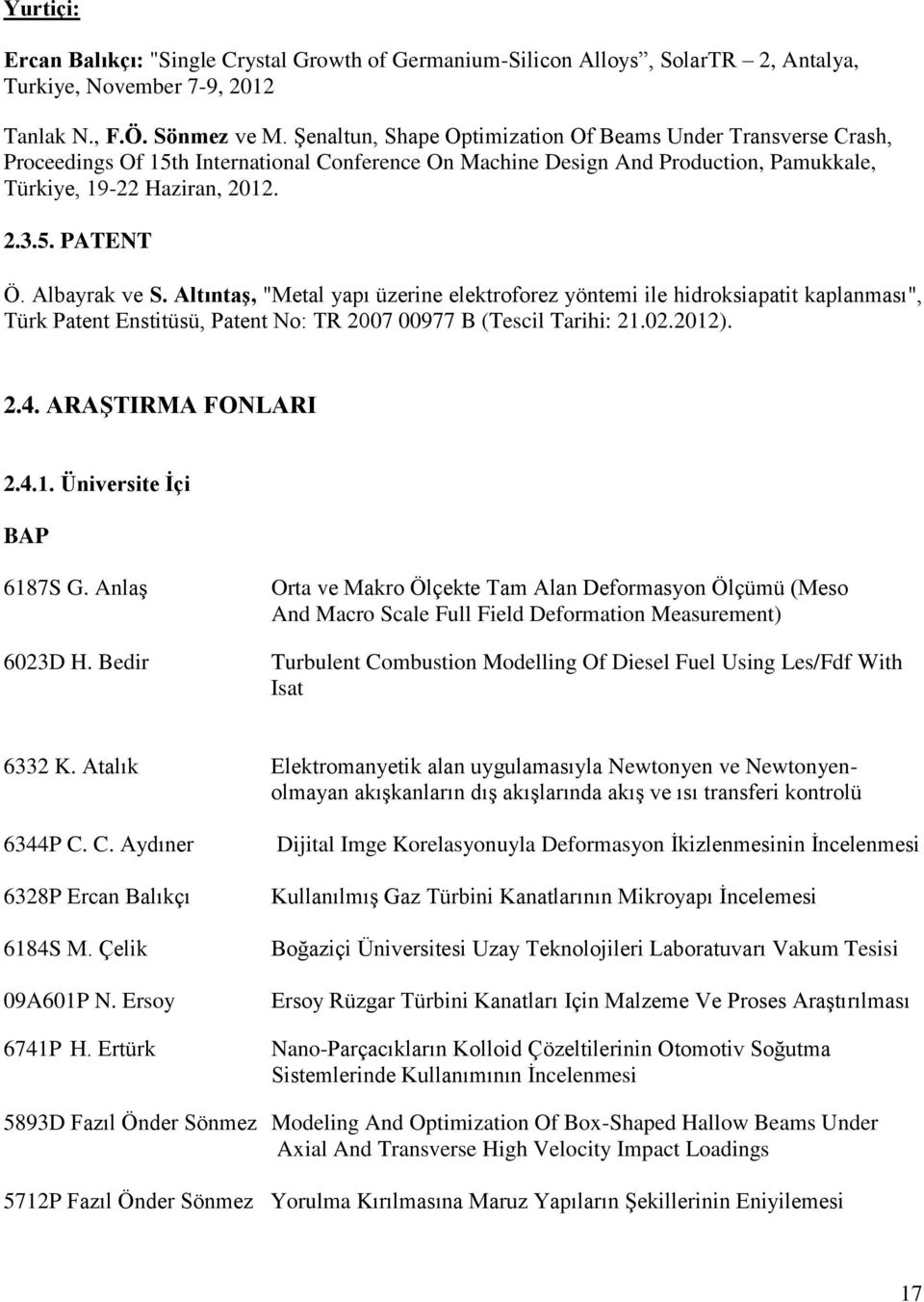 Albayrak ve S. Altıntaş, "Metal yapı üzerine elektroforez yöntemi ile hidroksiapatit kaplanması", Türk Patent Enstitüsü, Patent No: TR 2007 00977 B (Tescil Tarihi: 21.02.2012). 2.4.