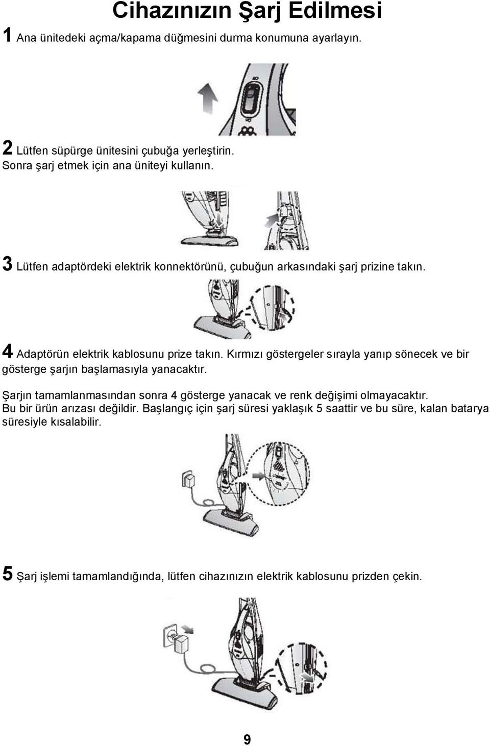 Kırmızı göstergeler sırayla yanıp sönecek ve bir gösterge şarjın başlamasıyla yanacaktır. Şarjın tamamlanmasından sonra 4 gösterge yanacak ve renk değişimi olmayacaktır.