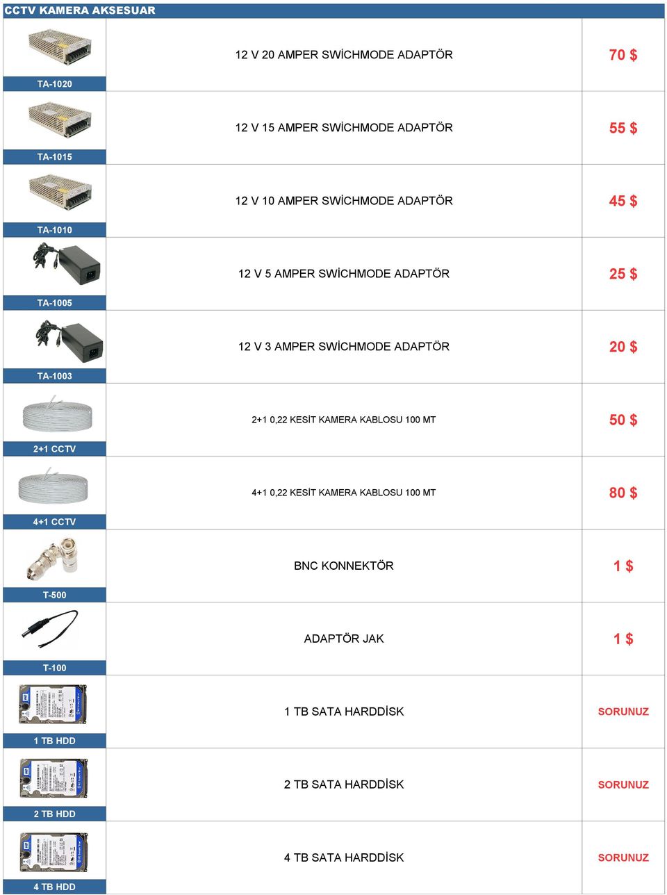 MT 50 $ 4+1 0,22 KESİT KAMERA KABLOSU 100 MT 80 $ BNC KONNEKTÖR 1$ ADAPTÖR JAK 1$ 1 TB SATA HARDDİSK 2 TB SATA