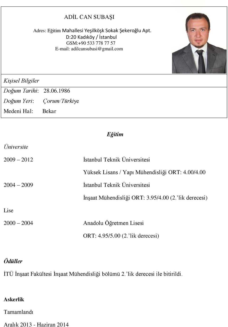 1986 Doğum Yeri: Çorum/Türkiye Medeni Hal: Bekar Eğitim Üniversite 2009 2012 İstanbul Teknik Üniversitesi Yüksek Lisans / Yapı Mühendisliği ORT: 4.00/4.