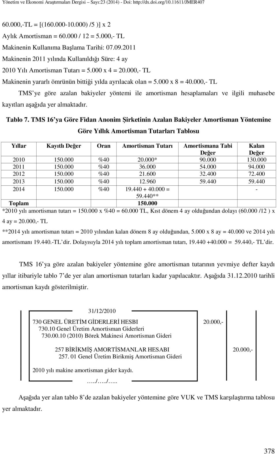 000,- TL TMS ye göre azalan bakiyeler yöntemi ile amortisman hesaplamaları ve ilgili muhasebe kayıtları aşağıda yer almaktadır. Tablo 7.