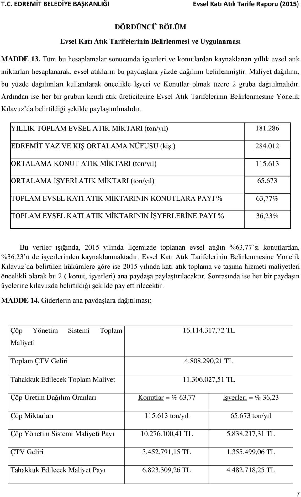 Maliyet dağılımı, bu yüzde dağılımları kullanılarak öncelikle İşyeri ve Konutlar olmak üzere 2 gruba dağıtılmalıdır.