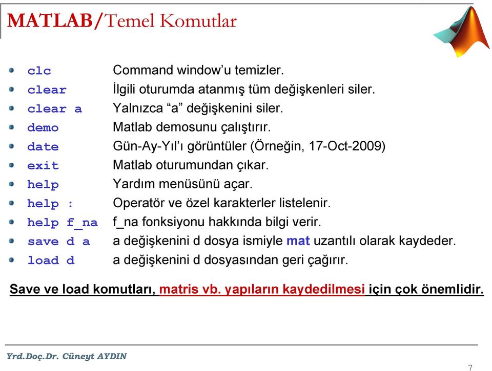 Gün-Ay-Yıl ı görüntüler (Örneğin, 17-Oct-2009) Matlab oturumundan çıkar. Yardım menüsünü açar. Operatör ve özel karakterler listelenir.