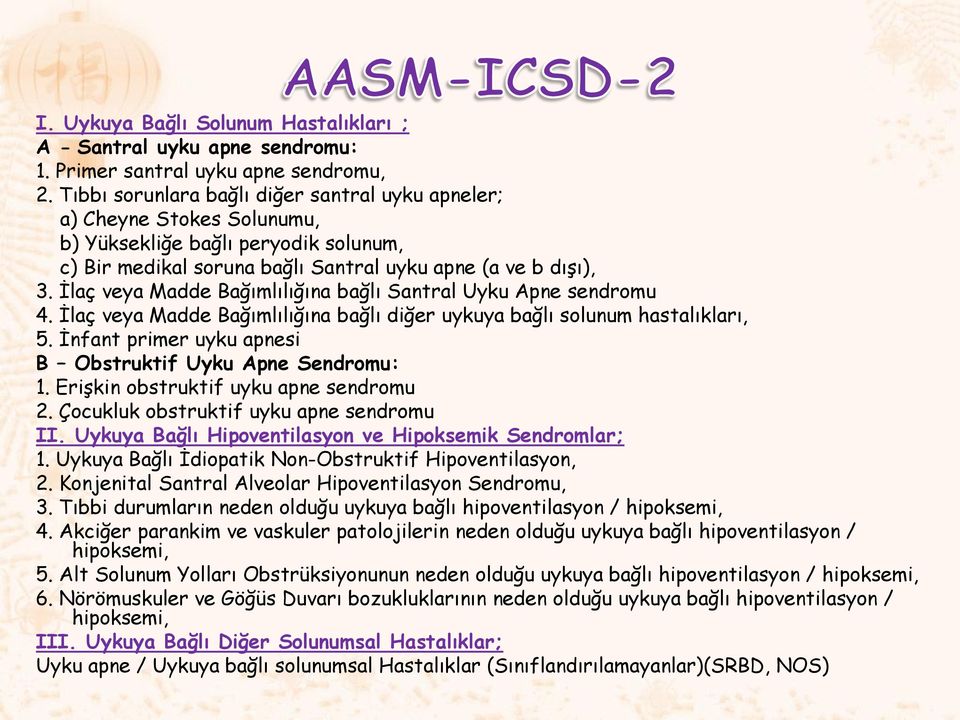 İlaç veya Madde Bağımlılığına bağlı Santral Uyku Apne sendromu 4. İlaç veya Madde Bağımlılığına bağlı diğer uykuya bağlı solunum hastalıkları, 5.