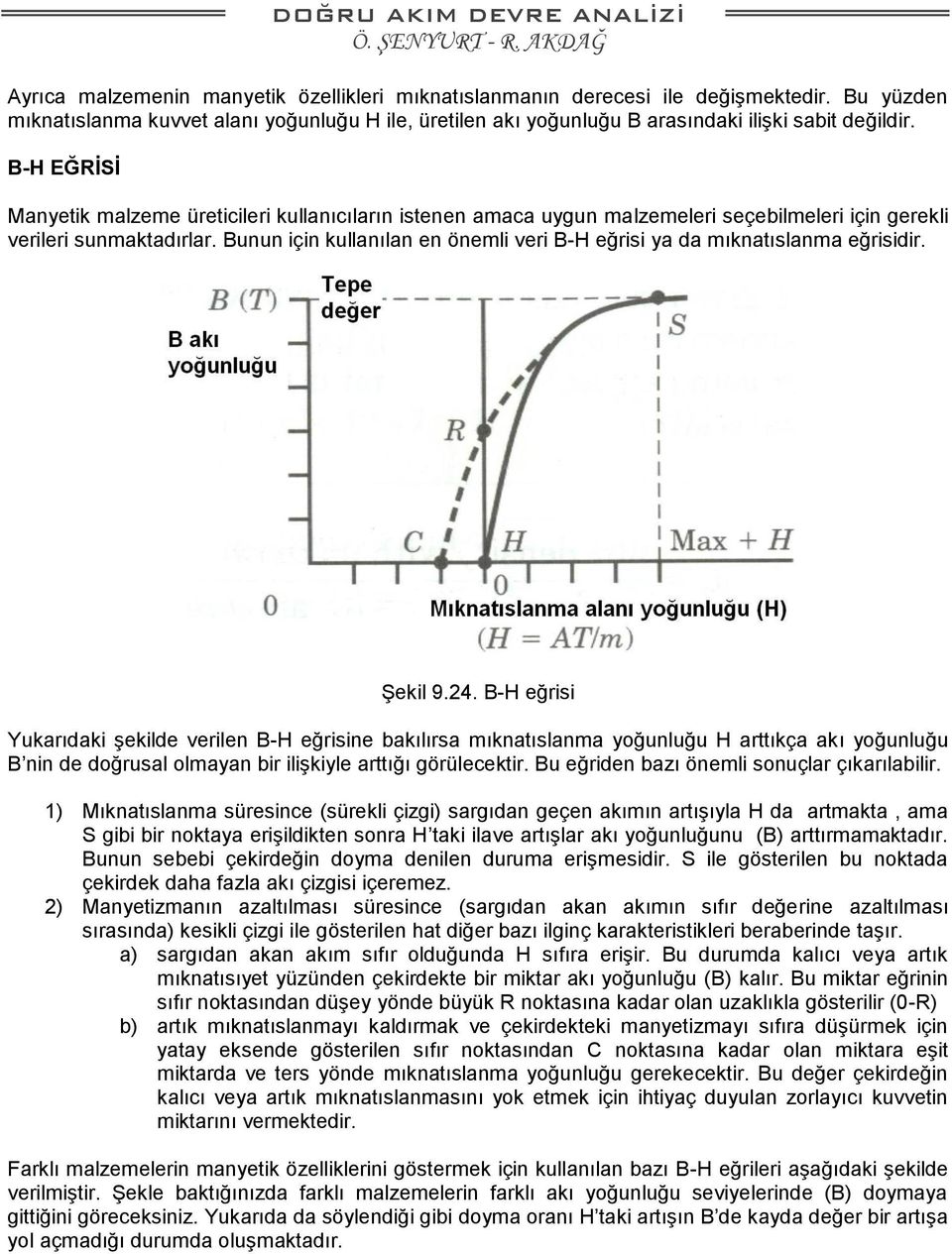 Bunun için kullanılan en önemli veri B-H eğrisi ya da mıknatıslanma eğrisidir. Şekil 9.24.