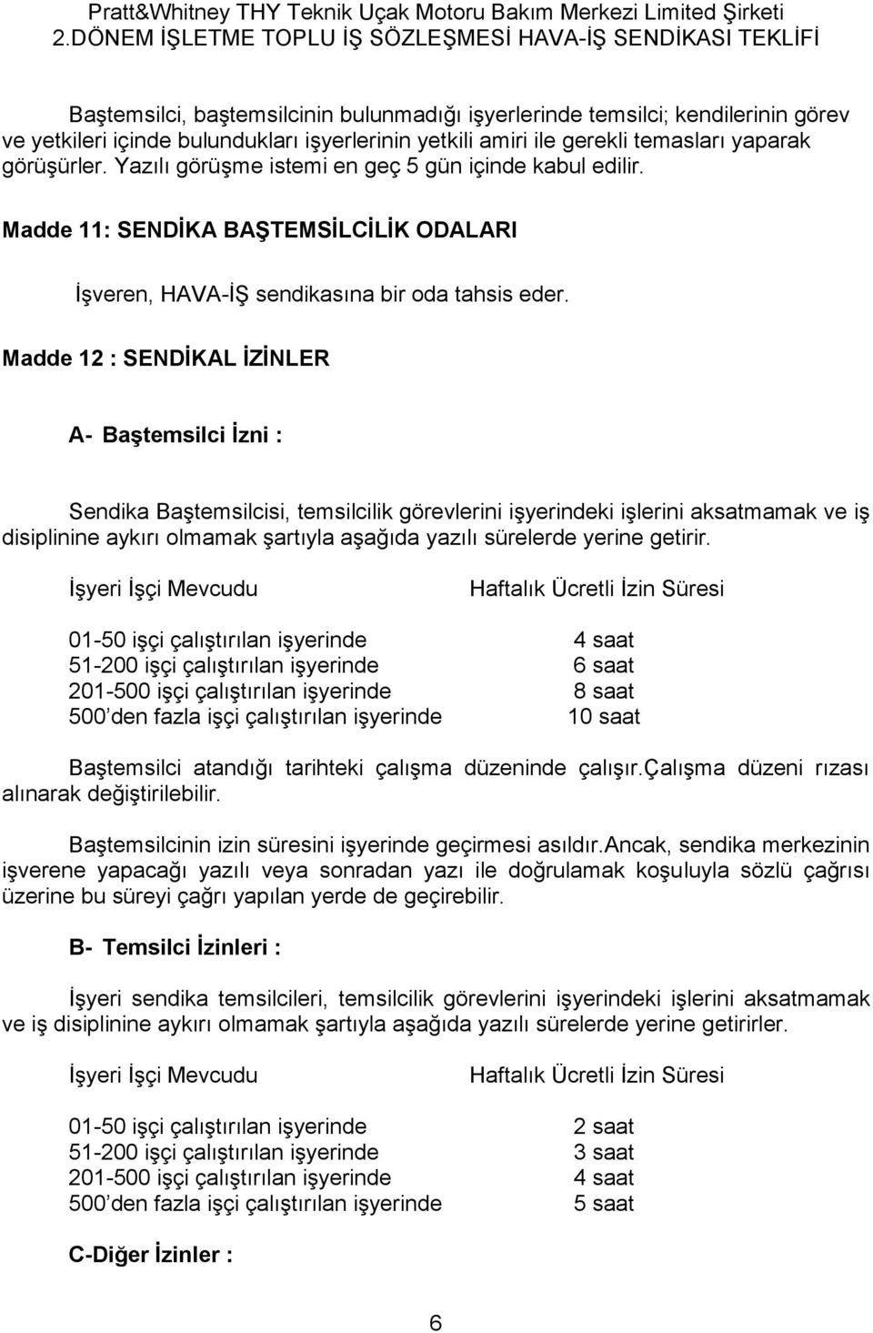 Madde 12 : SENDİKAL İZİNLER A- Baştemsilci İzni : Sendika Baştemsilcisi, temsilcilik görevlerini işyerindeki işlerini aksatmamak ve iş disiplinine aykırı olmamak şartıyla aşağıda yazılı sürelerde