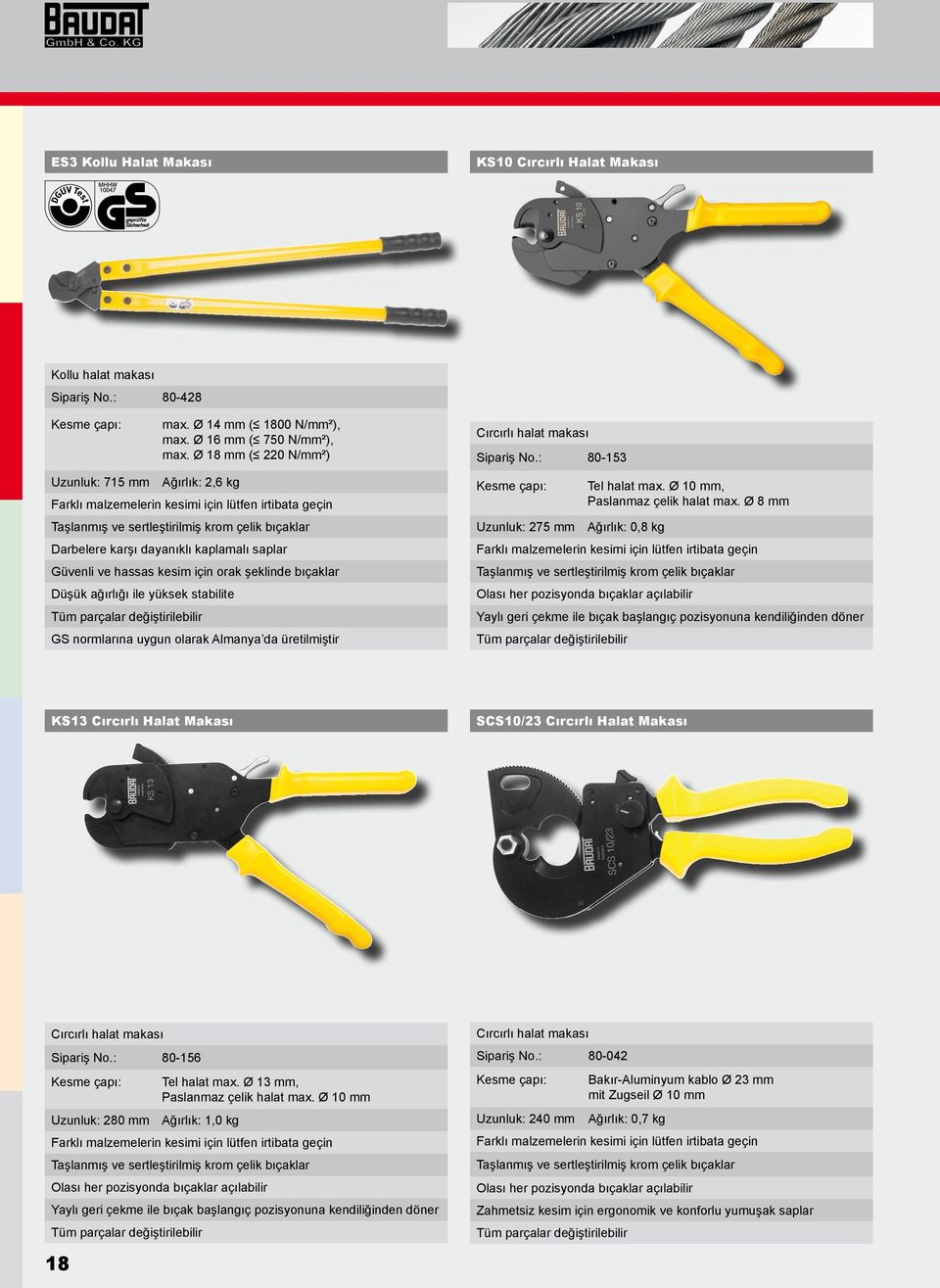 Almanya da üretilmiştir Cırcırlı halat makası Sipariş No.: 80-153 Kesme çapı: Uzunluk: 275 mm Tel halat max. Ø 10 mm, Paslanmaz çelik halat max.