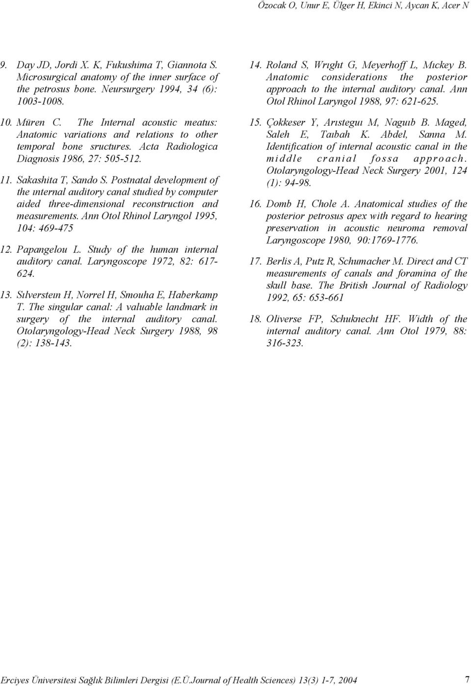 Sakashita T, Sando S. Postnatal development of the ınternal auditory canal studied by computer aided three-dimensional reconstruction and measurements. Ann Otol Rhinol Laryngol 1995, 104: 469-475 12.