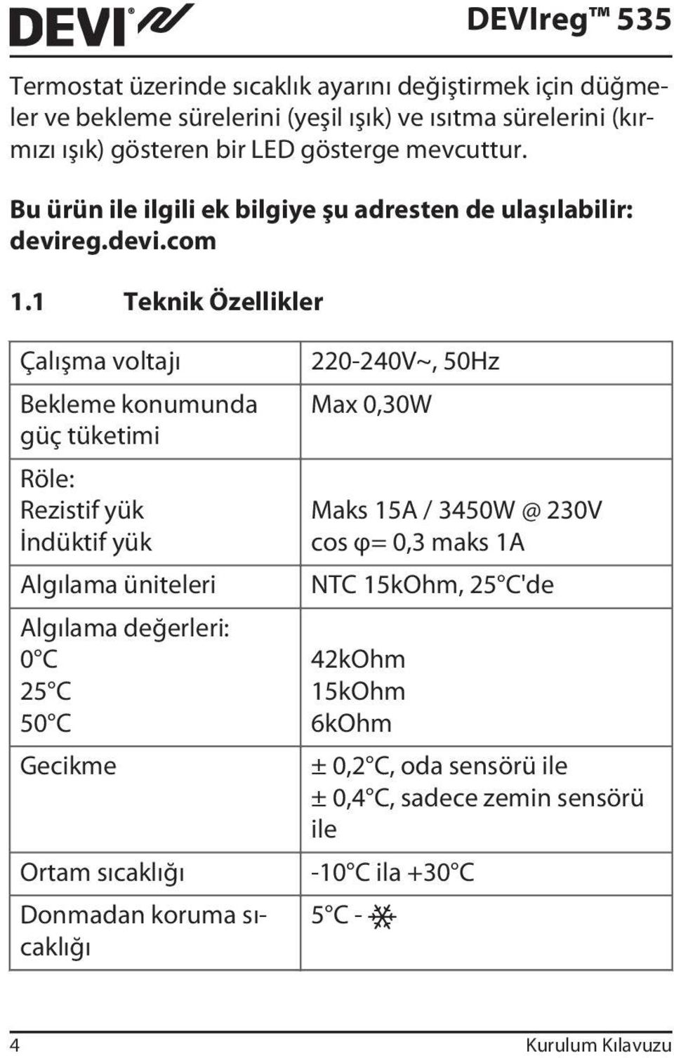 1 Teknik Özellikler DEVIreg 535 Çalışma voltajı Bekleme konumunda güç tüketimi Röle: Rezistif yük İndüktif yük Algılama üniteleri Algılama değerleri: 0 C 25 C 50 C