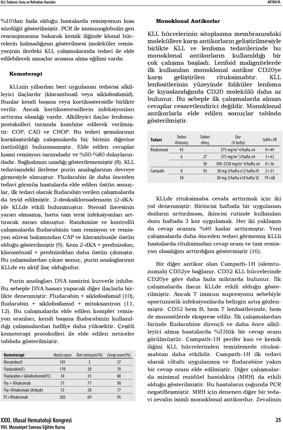 arasına alma eğilimi vardır. Kemoterapi KLLnin yıllardan beri uygulanan tedavisi alkilleyici ilaçlardır (klorambusil veya siklofosfamid). Bunlar kendi başına veya kortikosteroidle birlikte verilir.