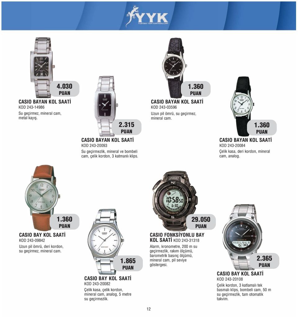 CASIO FONKS YONLU BAY KOL SAAT KOD 243-31318 Alarm, kronometre, 200 m su geçirmezlik, rak m ölçümü, barometrik bas nç ölçümü, mineral cam, pil seviye göstergesi. 2.365 CASIO BAY KOL SAAT KOD 243-20108 Çelik kordon, 3 katlamal tek basmal klips, bombeli cam, 50 m su geçirmezlik, tam otomatik takvim.