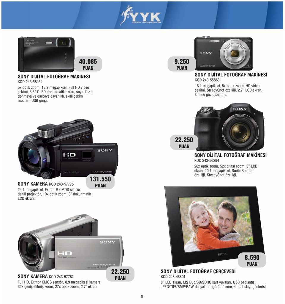 1 megapiksel, 5x optik zoom, HD video çekimi, SteadyShot özelli i, 2.7 LCD ekran, k rm z göz düzeltme. SONY KAMERA KOD 243-57775 24.