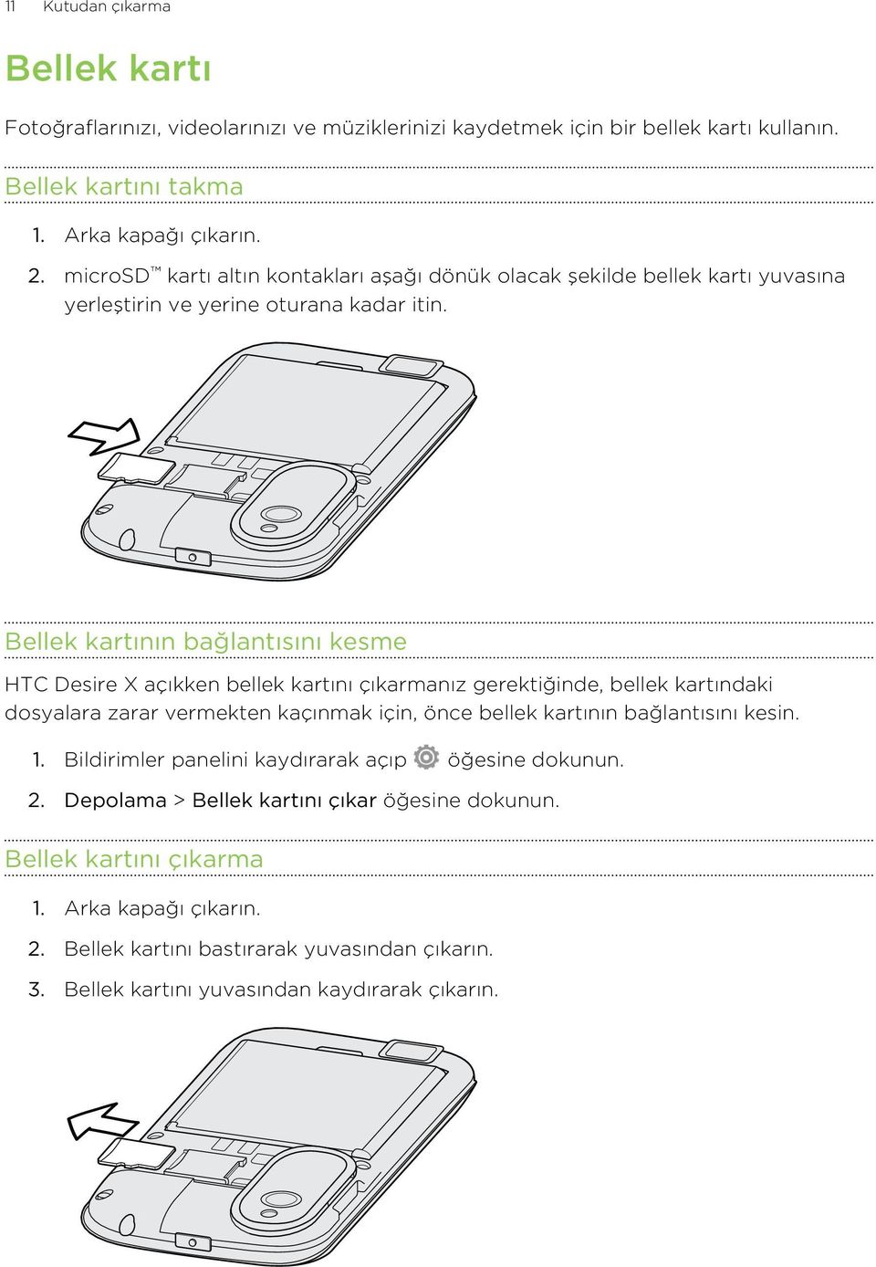 Bellek kartının bağlantısını kesme HTC Desire X açıkken bellek kartını çıkarmanız gerektiğinde, bellek kartındaki dosyalara zarar vermekten kaçınmak için, önce bellek kartının