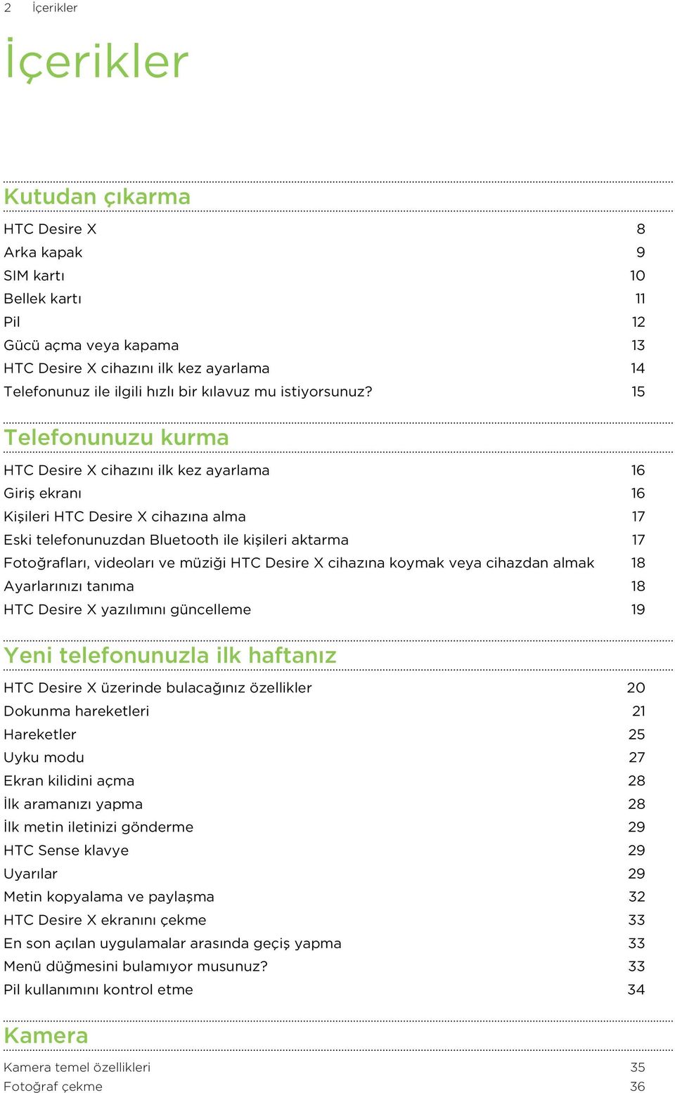 15 Telefonunuzu kurma HTC Desire X cihazını ilk kez ayarlama 16 Giriş ekranı 16 Kişileri HTC Desire X cihazına alma 17 Eski telefonunuzdan Bluetooth ile kişileri aktarma 17 Fotoğrafları, videoları ve