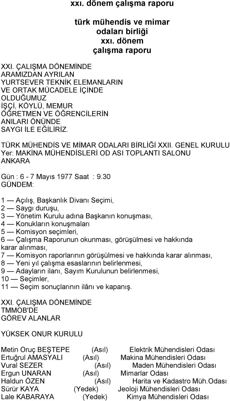 TÜRK MÜHENDİS VE MİMAR ODALARI BİRLİĞİ XXII. GENEL KURULU Yer: MAKİNA MÜHENDİSLERİ OD ASI TOPLANTI SALONU ANKARA Gün : 6-7 Mayõs 1977 Saat : 9.