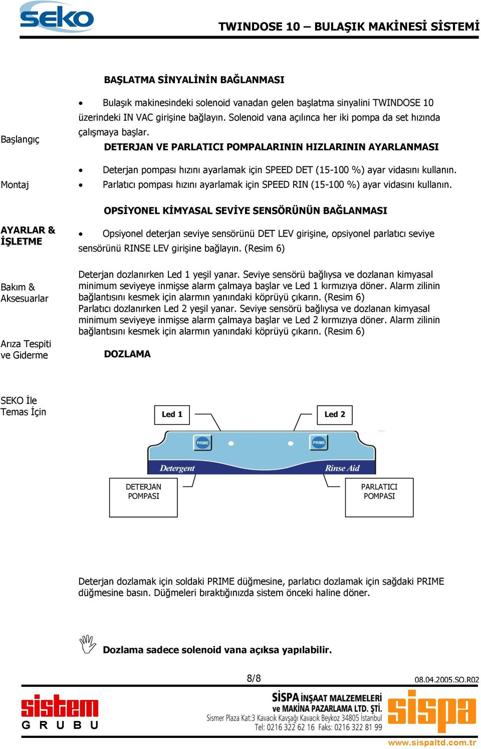 DETERJAN VE PARLATICI POMPALARININ HIZLARININ AYARLANMASI Deterjan pompası hızını ayarlamak için SPEED DET (15-100 %) ayar vidasını kullanın.