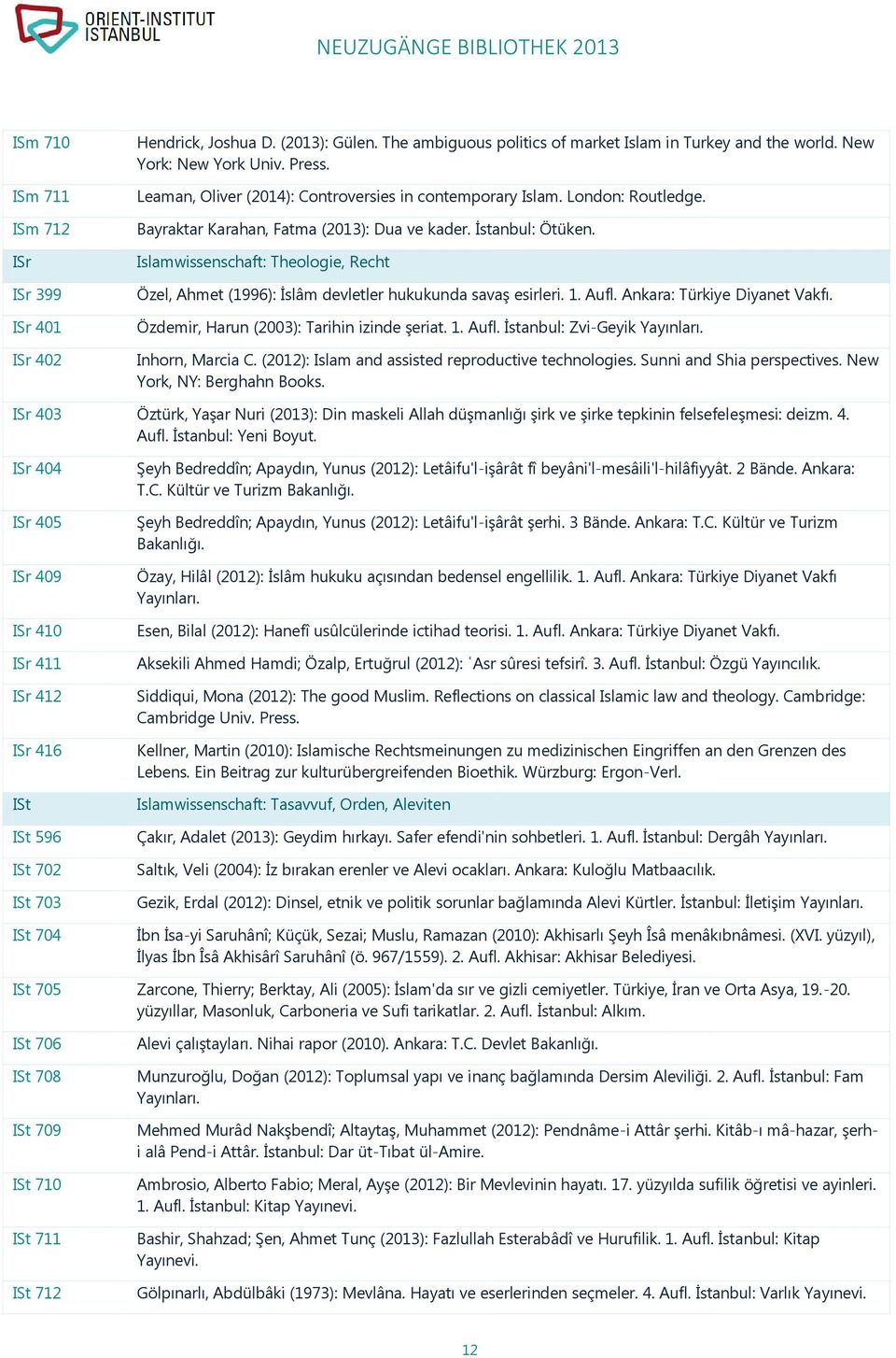 Islamwissenschaft: Theologie, Recht Özel, Ahmet (1996): İslâm devletler hukukunda savaş esirleri. 1. Aufl. Ankara: Türkiye Diyanet Vakfı. Özdemir, Harun (2003): Tarihin izinde şeriat. 1. Aufl. İstanbul: Zvi-Geyik Inhorn, Marcia C.
