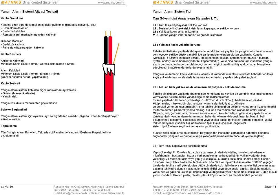 koruma L3 : Yalnizca kaçis yollarini koruma M : Sadece yangin ihbar butonlari ile çalisan sistemler Standart Kablolar - Dedektör kablolari - Fail-safe cihazlara giden kablolar Kablo Kesitleri