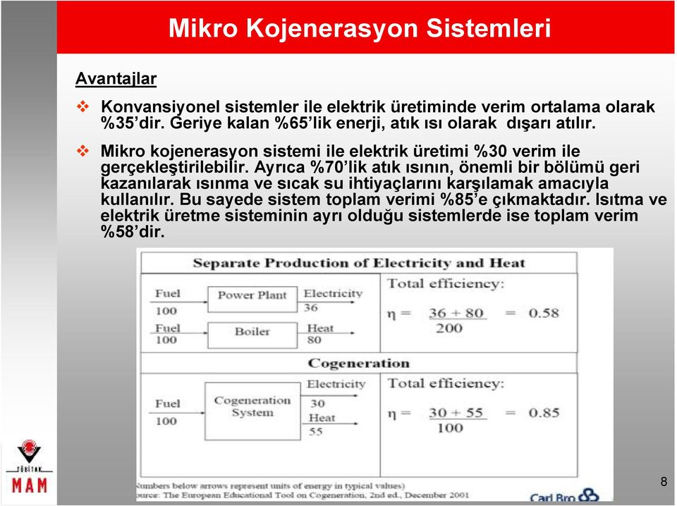 Mikro kojenerasyon sistemi ile elektrik üretimi %30 verim ile gerçekleştirilebilir.