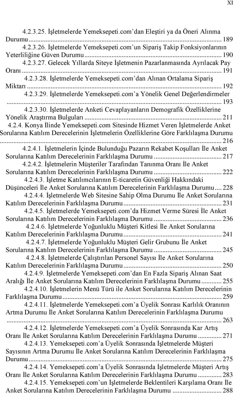 .. 193 4.2.3.30. ĠĢletmelerde Anketi Cevaplayanların Demografik Özelliklerine Yönelik AraĢtırma Bulguları... 211 4.2.4. Konya Ġlinde Yemeksepeti.