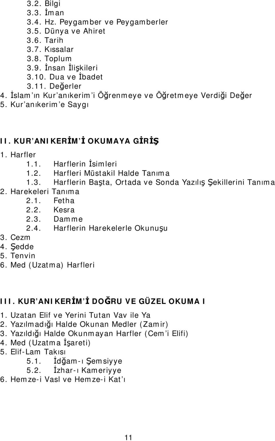 Harflerin Başta, Ortada ve Sonda Yazılış Şekillerini Tanıma 2. Harekeleri Tanıma 2.1. Fetha 2.2. Kesra 2.3. Damme 2.4. Harflerin Harekelerle Okunuşu 3. Cezm 4. Şedde 5. Tenvin 6.