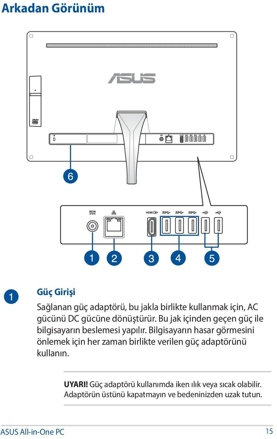 Bilgisayarın hasar görmesini önlemek için her zaman birlikte verilen güç adaptörünü kullanın.