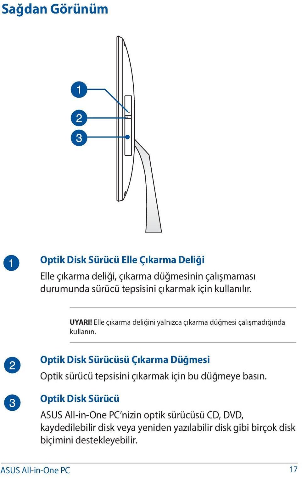 Elle çıkarma deliğini yalnızca çıkarma düğmesi çalışmadığında kullanın.