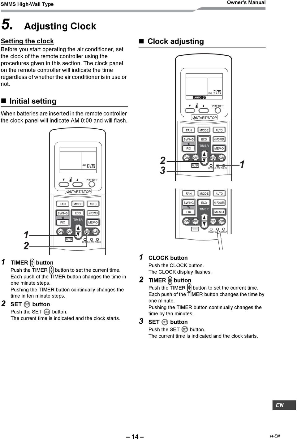 The clock panel on the remote controller will indicate the time regardless of whether the air conditioner is in use or not.