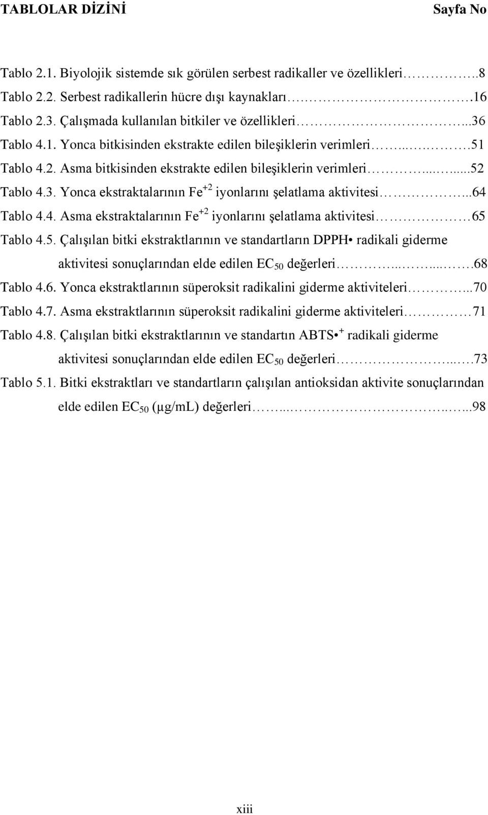 .....52 Tablo 4.3. Yonca ekstraktalarının Fe +2 iyonlarını şelatlama aktivitesi...64 Tablo 4.4. Asma ekstraktalarının Fe +2 iyonlarını şelatlama aktivitesi 65 Tablo 4.5. Çalışılan bitki ekstraktlarının ve standartların DPPH radikali giderme aktivitesi sonuçlarından elde edilen EC 50 değerleri.