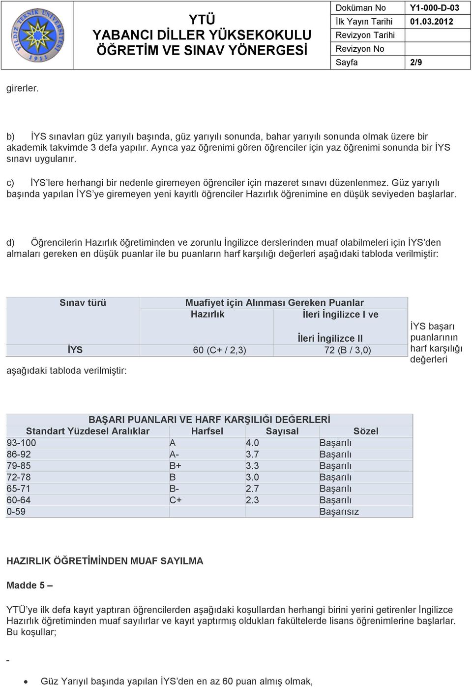 Güz yarıyılı başında yapılan İYS ye giremeyen yeni kayıtlı öğrenciler Hazırlık öğrenimine en düşük seviyeden başlarlar.