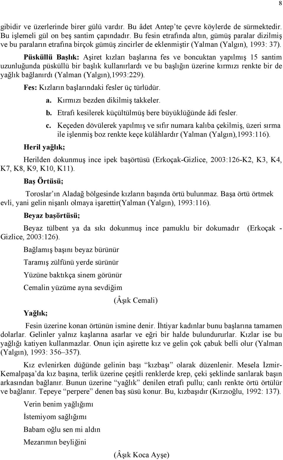 Püsküllü Başlık: Aşiret kızları başlarına fes ve boncuktan yapılmış 15 santim uzunluğunda püsküllü bir başlık kullanırlardı ve bu başlığın üzerine kırmızı renkte bir de yağlık bağlanırdı (Yalman