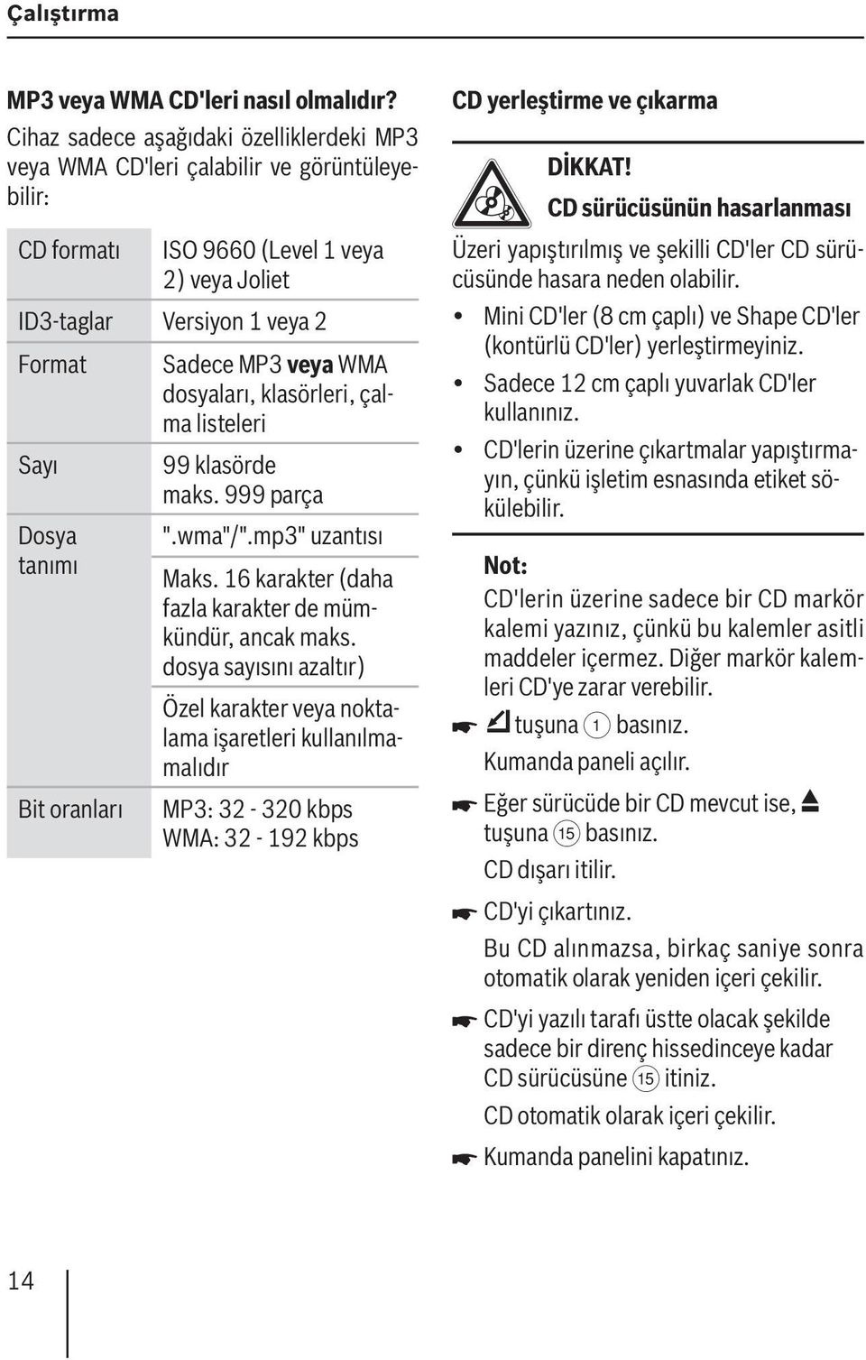 oranları Sadece MP3 veya WMA dosyaları, klasörleri, çalma listeleri 99 klasörde maks. 999 parça ".wma"/".mp3" uzantısı Maks. 16 karakter (daha fazla karakter de mümkündür, ancak maks.