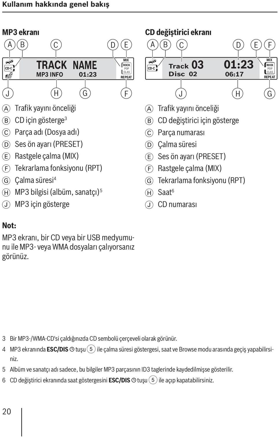 (albüm, sanatçı) 5 J MP3 için gösterge A Trafik yayını önceliği B CD değiştirici için gösterge C Parça numarası D Çalma süresi E Ses ön ayarı (PRESET) F Rastgele çalma (MIX) G Tekrarlama fonksiyonu