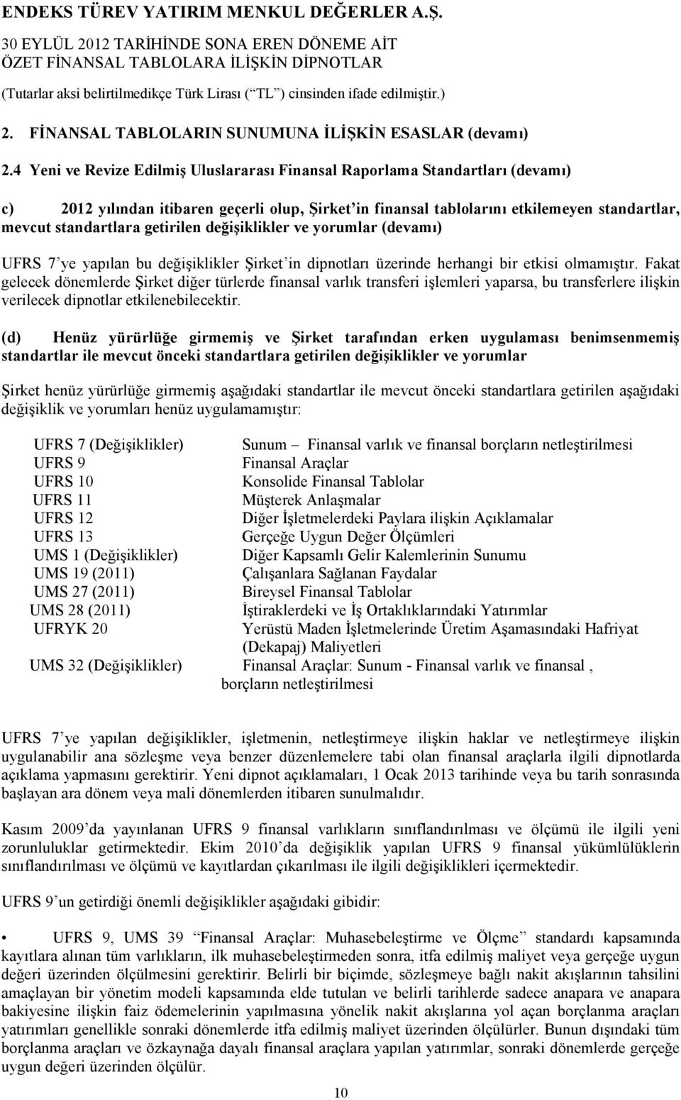 değişiklikler ve yorumlar (devamı) UFRS 7 ye yapılan bu değişiklikler Şirket in dipnotları üzerinde herhangi bir etkisi olmamıştır.