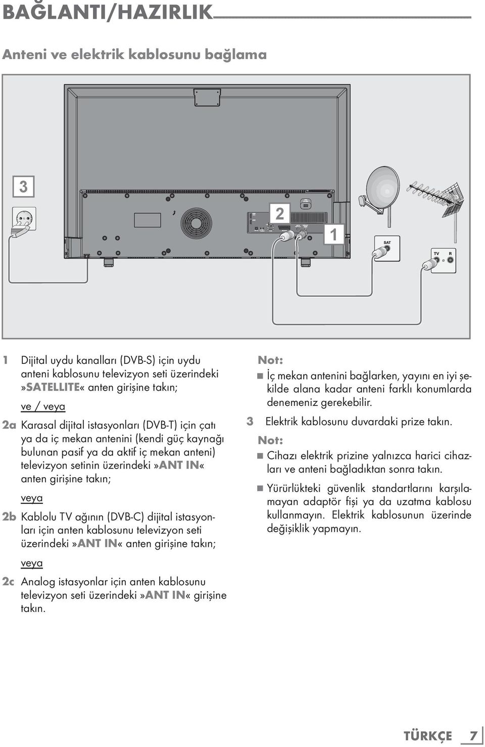 iç mekan anteni) televizyon setinin üzerindeki»ant IN«anten girişine takın; veya 2b Kablolu TV ağının (DVB-C) dijital istasyonları için anten kablosunu televizyon seti üzerindeki»ant IN«anten